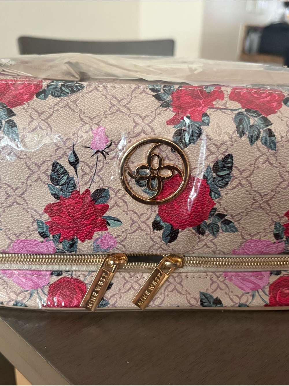 Nine West Pink and Beige Floral Cosmetic Pouch with Gold Hardware